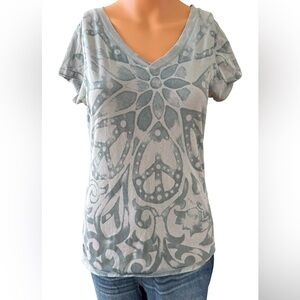 Lucky Brand Light Gray Floral Peace Sign V-Neck Tee